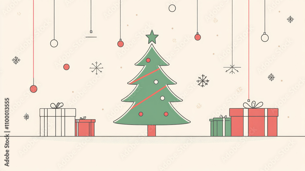 Naklejka premium Minimalist christmas tree and gift boxes frame line art vector
