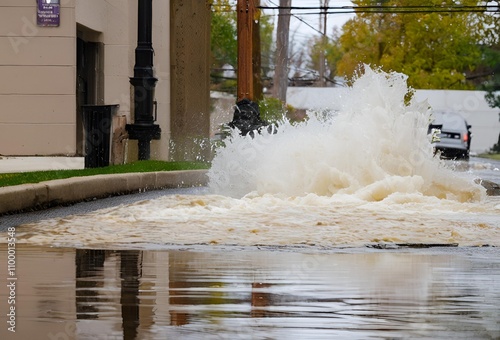 car rides in heavy rain on a flooded road photo