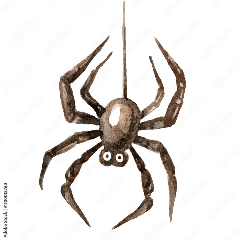 Obraz premium Hand-painted cartoon spider descending on a thread of its web, created in watercolor. Perfect for Halloween designs, children's books, crafts, and playful decorations.