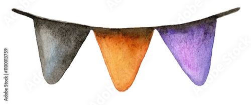 Handcrafted watercolor illustration of festive pennant flags in orange, black, and purple hues. Perfect for Halloween, celebrations, party decor, or invitations. photo