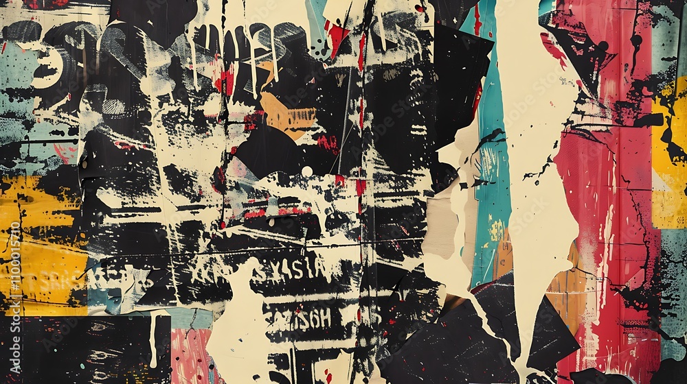 Fototapeta premium Abstract artwork featuring bold colors and layered textures, conveying a sense of chaos and creativity.