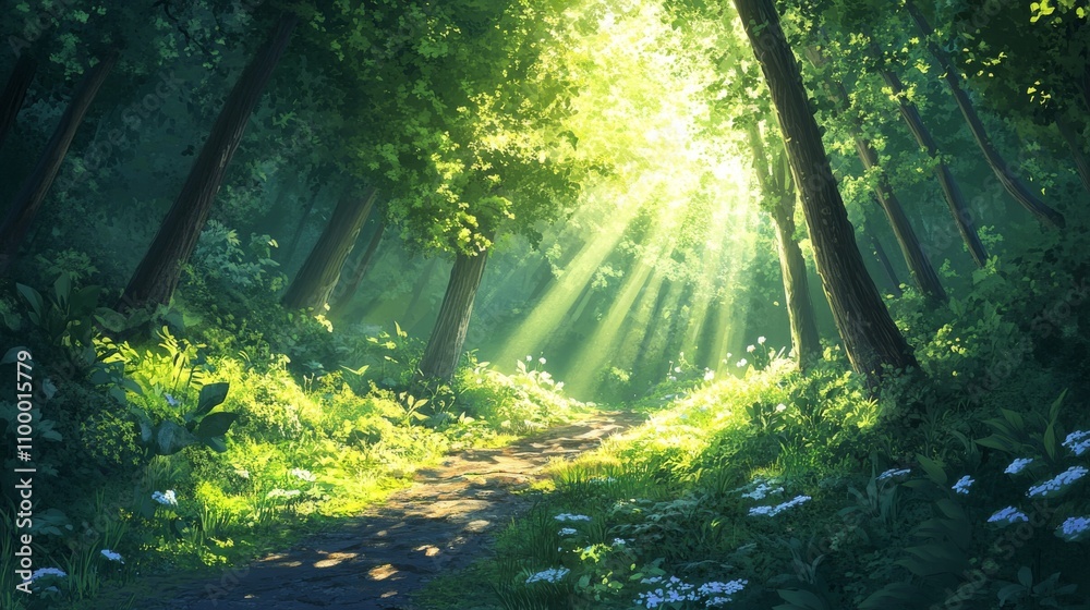 Fototapeta premium Sunlit Forest Path A Magical Woodland Scene