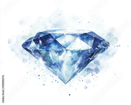 A stunning watercolor illustration of a blue diamond with sparkling facets and soft background.
