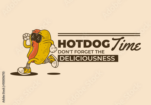 Hot Dog time, Don't forget the deliciousness. Vintage retro character of hot dog in running pose