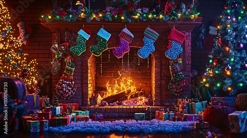 Christmas Fireplace with Holiday Lights Display