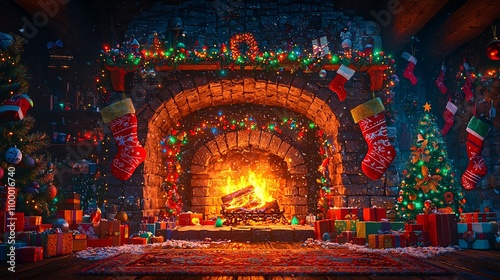 Christmas Fireplace with Holiday Lights Display
