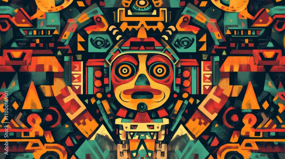 Fototapeta premium Vibrant Geometric Tribal Mask Pattern Art