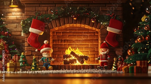 Christmas Fireplace with Holiday Figurines