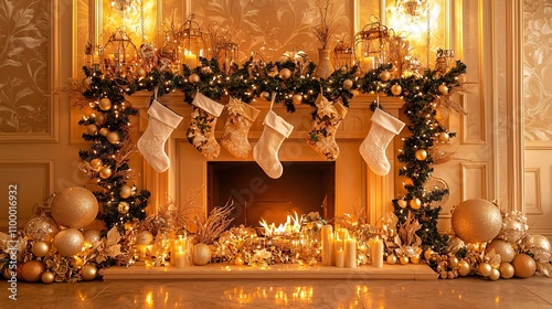 Christmas Fireplace with Holiday Ornaments