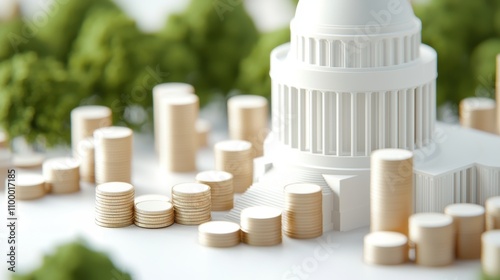 Government Subsidies Concept with Coins and Capitol Stacks of coins surrounding a model Capitol building, symbolizing government subsidies, economic policies, and financial aid programs