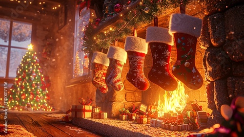 Christmas Fireplace with Holiday Stocking Stuffers