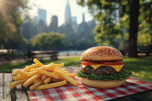 American cheeseburger with golden fries, placed on a picnic table in Central Park