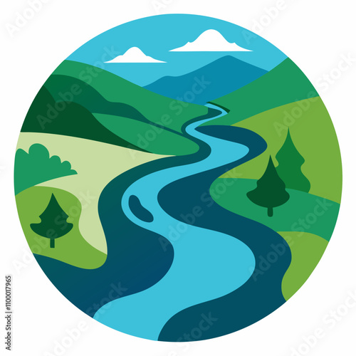 Winding river landscape silhouette vector illustration