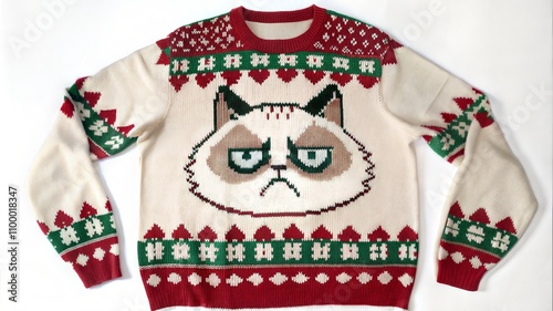 Ugly Christmas sweater featuring grumpy cat design, festive colors, and playful holiday theme photo