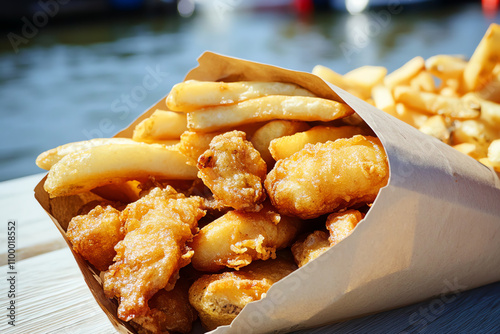 British fish and chips wrapped in paper, enjoyed at a seaside harbor