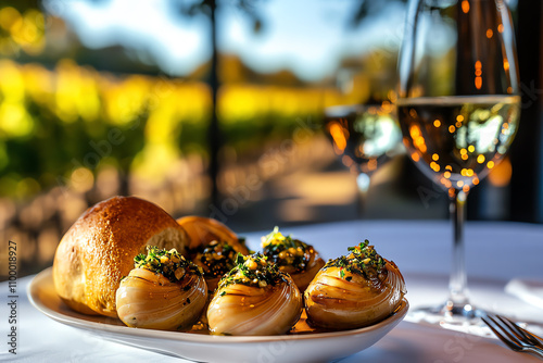 French escargot in garlic butter, served on a white tablecloth with a vineyard view photo