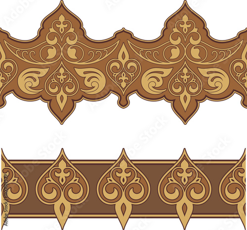 Vector seamless floral ethnic frieze series. Floral ornamental motifs in Eastern, Arabic, Indian, Oriental style. Retro wedding backgrounds, page decorations, damask, fabric, carpet and scarf patterns