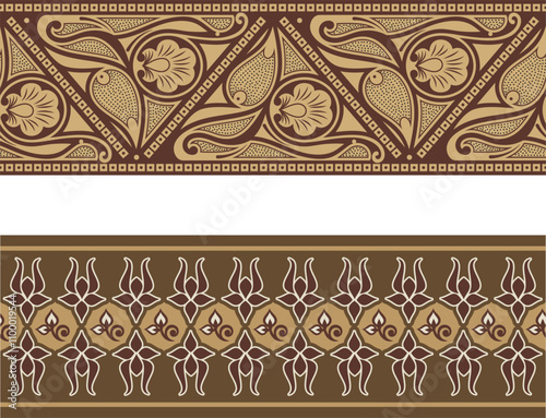 Vector seamless floral ethnic frieze series. Floral ornamental motifs in Eastern, Arabic, Indian, Oriental style. Retro wedding backgrounds, page decorations, damask, fabric, carpet and scarf patterns