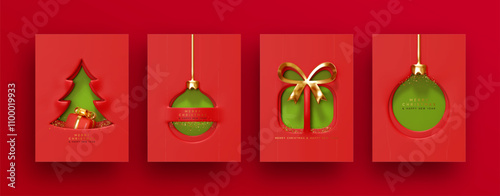 Set of luxury Festive Christmas cards with cutout designs on vibrant red background. Christmas minimal poster with Xmas tree, ornament ball, gift box, inside green colors. Vector illustration