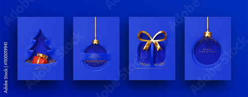 Set of luxury Festive Christmas card with cutout designs on vibrant blue background. Christmas minimal poster with Xmas tree, ornament ball, gift box, inside gold glitter confetti. Vector illustration