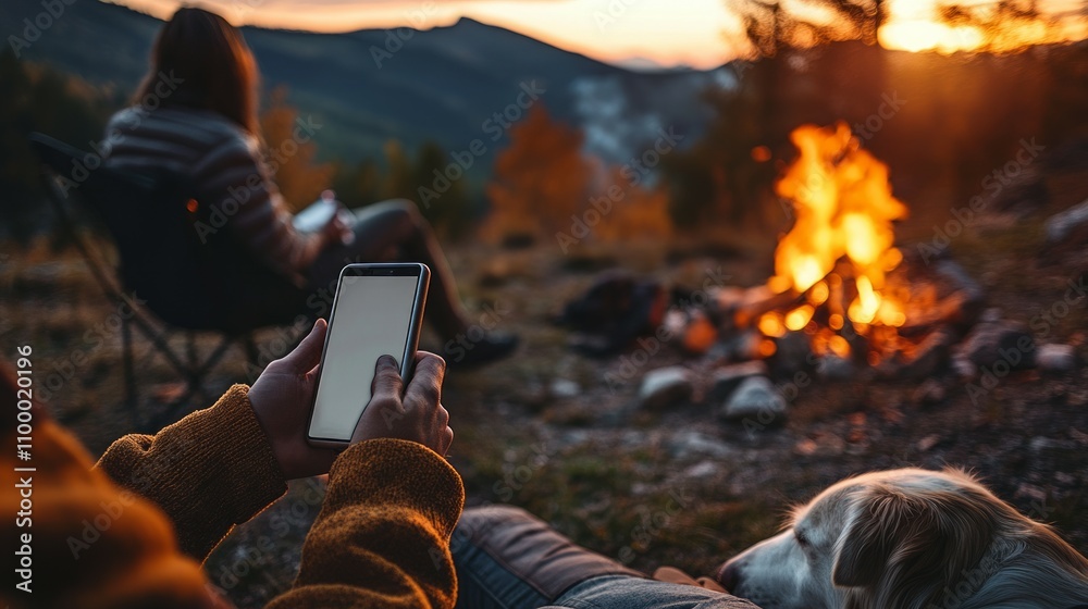 Fototapeta premium Man holding a smartphone a cozy campfire and camping chairs, a dog lying asleep on the ground