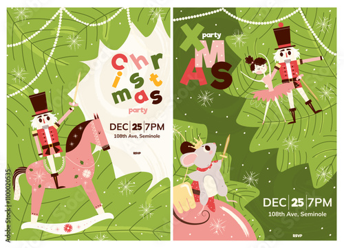 A set of invitation template for a Christmas party with a nutcracker and a ballerina. An invitation card with a fairy-tale character for a winter holiday. The illustration is in a flat style in green 