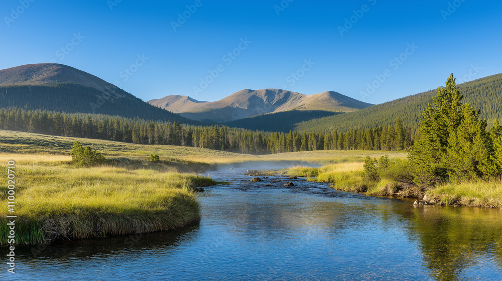 Fototapeta premium Serene Mountain Valley with Meandering Stream: Wilderness Landscape in Golden Light
