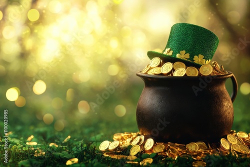 St Patrick Day illustration with a cauldron filled with golden coins, blurred, bokeh-style background surrounded by clovers, celebrating Irish holiday traditions and magic photo