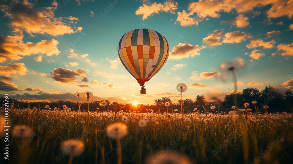 Obraz premium Hot air balloon warm light, blue sky with clouds