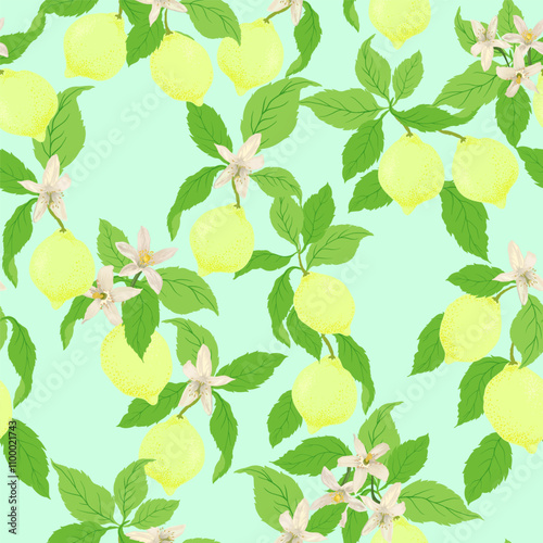 Lemon citrus vector pattern. Botanical vector illustration. Summer background. Floral design.	