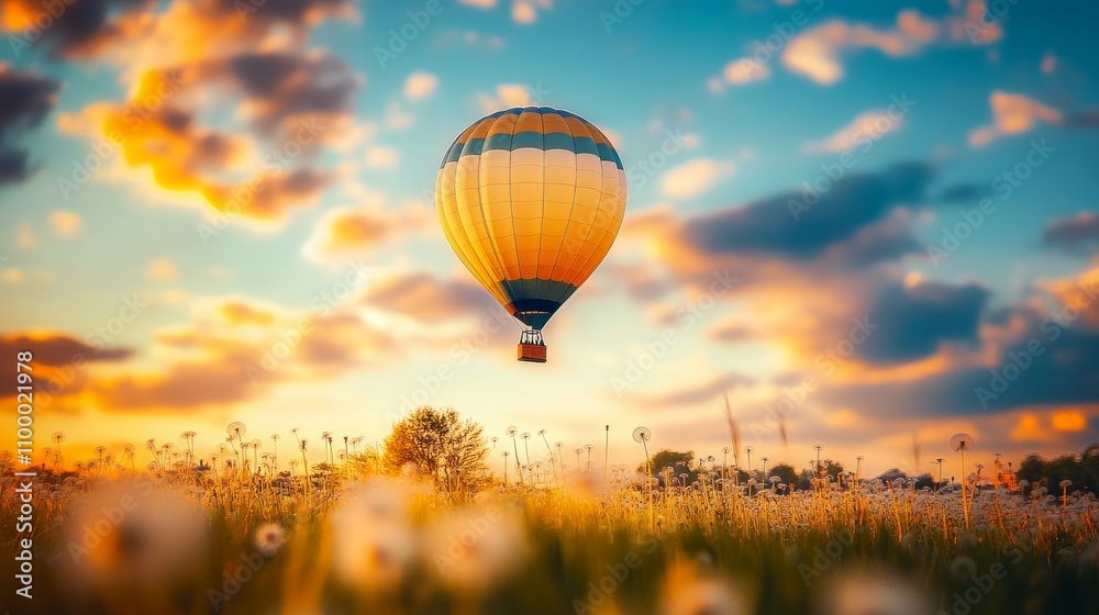 Fototapeta premium Hot air balloon warm light, blue sky with clouds
