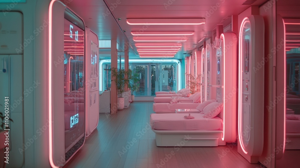 Fototapeta premium A modern, serene wellness space illuminated with vibrant pink and blue neon lights, featuring minimalist beds and a clean aesthetic.
