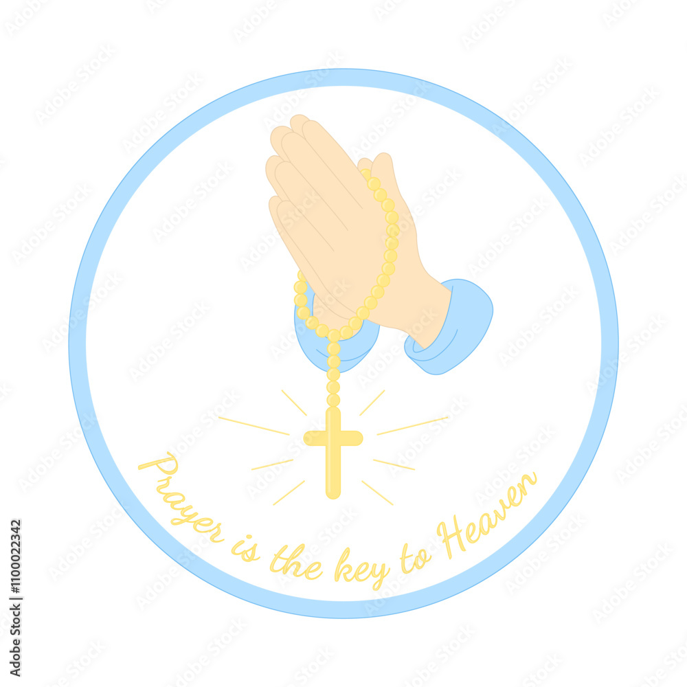 Obraz premium Sticker of hands in prayer with a rosary with a cross. Praying hands united for pray to god. Vector illustration 
