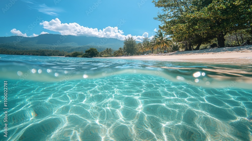 Obraz premium Tropical Beach Scene With Crystal Clear Water And Mountains