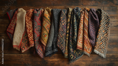 Wallpaper Mural A collection of patterned scarves displayed on a rustic wooden table Torontodigital.ca