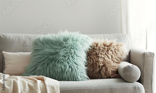 Elegant light gray linen sofa with mint green and beige faux fur pillows, creating a calm, Scandinavian-inspired atmosphere