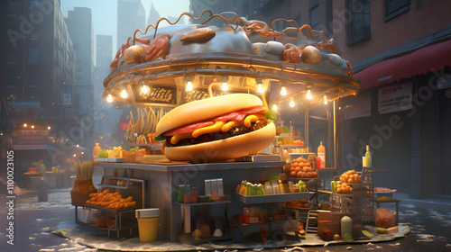 hot dog trailer, colorful and fun illustration