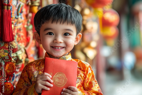 Portrait of happy child wearing traditional vietnamese clothes holding red envelope celebrating lunar new year photo