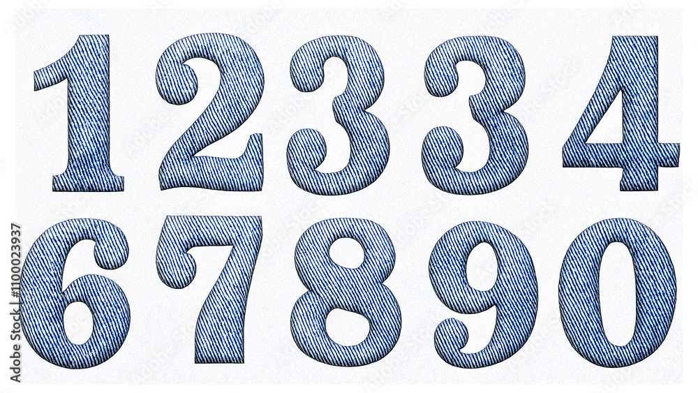 A collection of blue denim fabric samples numbered 0 to 9, displayed against a white background A collection of blue denim fabric samples numbered 0 to 9, displayed against a white background
