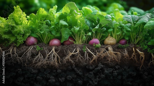 Fresh Organic Vegetables Growing in Soil with Green Leaves and Roots