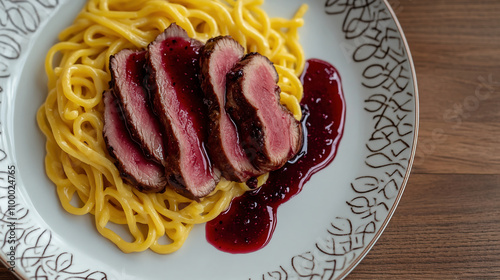 S Observation of how to make a simple dish, sliced tenderloin with pasta and sauce made from blackberry jam. The plate is white porcelain with an intricate pattern on the edge, creating contrast betwe