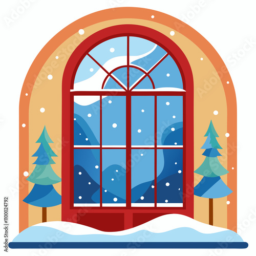 Winter window scene vector illustration on white background