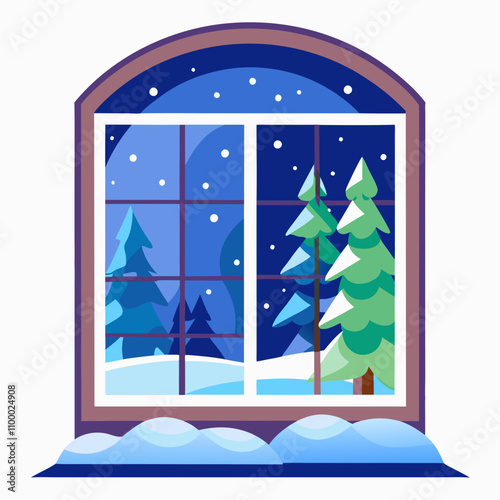 Winter window scene vector illustration on white background