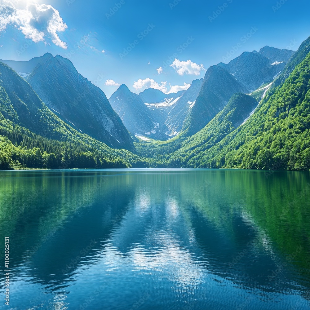 Fototapeta premium Beautiful lake with gigantic mountains to its sides fresh water lake with green mountains and blue sky in the background