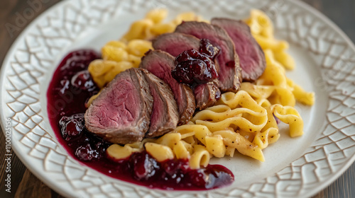 S Observation of how to make a simple dish, sliced tenderloin with pasta and sauce made from blackberry jam. The plate is white porcelain with an intricate pattern on the edge, creating contrast betwe