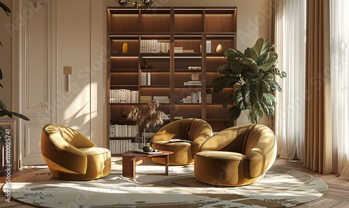 A comforting nook with velvet chairs in warm hues, sunlight filtering through and adding tranquility