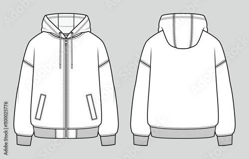 Front zip basic hoodie with kangaroo pocket. Unisex casual clothing. Vector technical sketch. Mockup template.