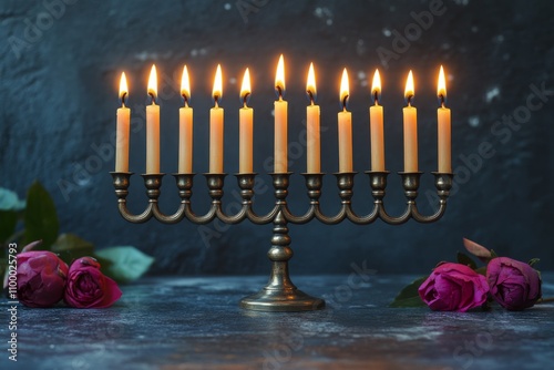 Golden menorah with nine burning candles celebrating the jewish holiday of hanukkah against a rustic wall photo