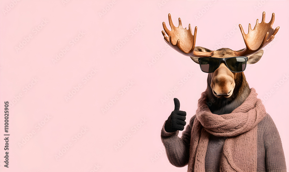 Obraz premium Stylish animal. Elk with a thumbs up wearing sunglasses and scarf on the bright background with copy space. Lifestyle. Winter activity and holidays concept. Background for banner, advertising, flyer.
