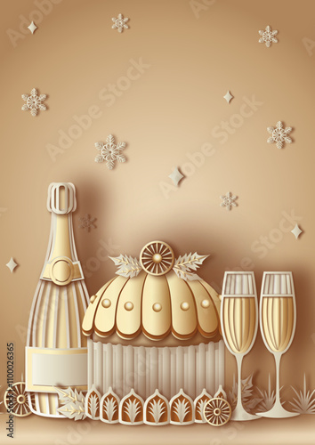 A vector illustration in paper-cut style featuring pastel beige tones. A panettone with two glasses and a bottle of sparkling wine, surrounded by delicate snowflakes on a soft background. 